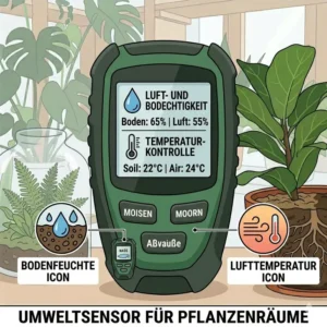 Display mit Icons für Bodenfeuchte und Temperatur an einem feuchtigkeitsmesser pflanzenraum.