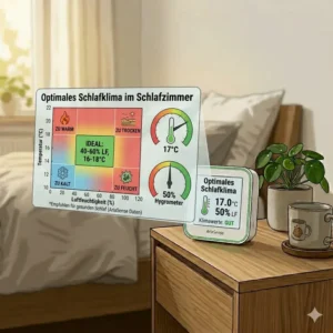 Diagramm der idealen Temperatur- und Feuchtigkeitswerte auf einem luftmessgerät für schlafzimmer.