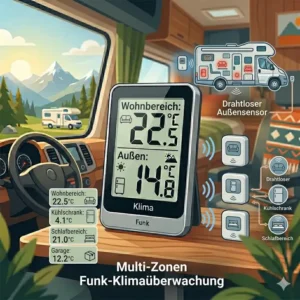 Mehrzonen-Thermometer für Wohnmobil zur gleichzeitigen Überwachung von Kühlschrank, Innenraum und Außentemperatur.