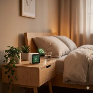 Kompakter luftgütemesser smart home auf einem Nachttisch im Schlafzimmer für ein gesundes Raumklima.