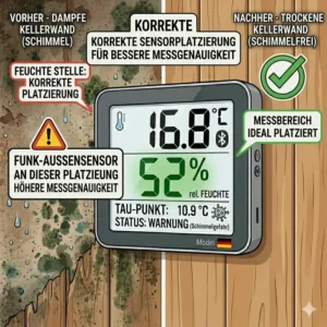 Die richtige Positionierung vom Außenfühler für das thermometer für keller feuchtigkeit an der Kellerwand.