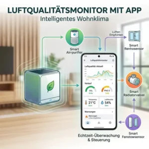 Technisches Diagramm zur Smart Home Integration zwischen einem Luftreiniger und einem Luftqualitätsmonitor mit App im Netzwerk.