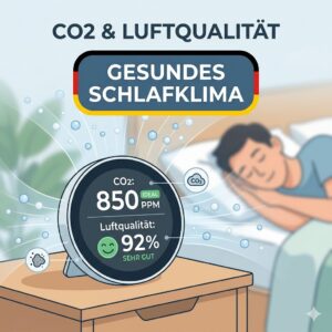 Anzeige der CO2-Konzentration und Luftqualität auf dem Display von einem Klimamessgerät für Schlafzimmer.