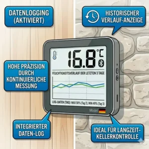 Langfristige Analyse der Messwerte von einem thermometer für keller feuchtigkeit in einer Grafik dargestellt.