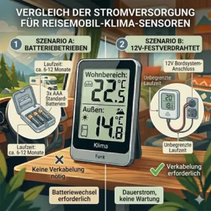 Optionen der Stromversorgung für ein Thermometer im Wohnmobil per Batterie oder 12V Anschluss.