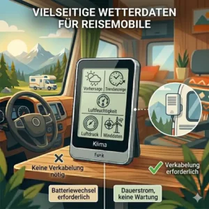 Mini-Wetterstation und Thermometer für Wohnmobil mit Anzeige der Luftfeuchtigkeit und Wettervorhersage.