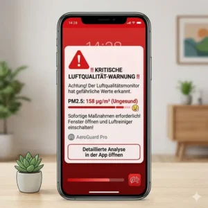 Ein Smartphone-Display mit einer kritischen Echtzeit-Push-Benachrichtigung, gesendet von dem Luftqualitätsmonitor mit App.