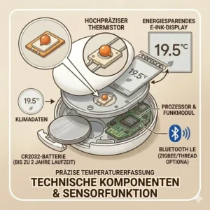Close-up technical illustration of the internal parts of a smart temperatur sensor zuhause.
