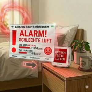 Visueller Alarm für schlechte Luftqualität angezeigt durch ein luftmessgerät für schlafzimmer.