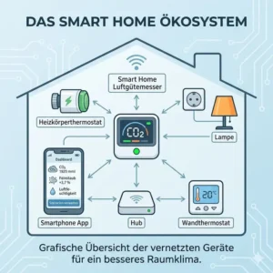 Grafische Übersicht eines Smart Home Ökosystems mit zentralem luftgütemesser smart home zur Vernetzung.