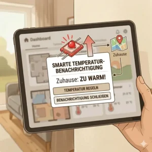 Digital tablet displaying a high temperature notification from a smart temperatur sensor zuhause.