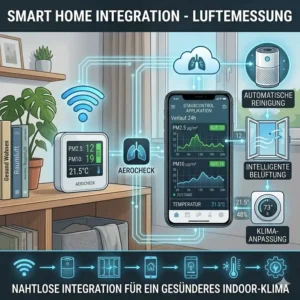 Darstellung der WLAN-Verbindung und App-Steuerung für ein smartes feinstaubmessgerät indoor.