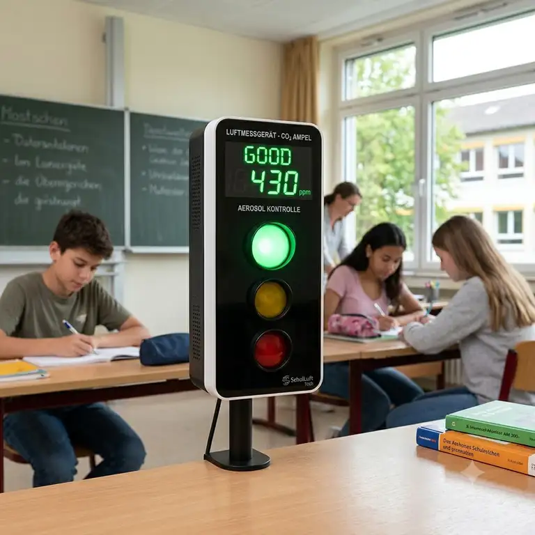 Modernes luftmessgerät für schulen auf einem Lehrertisch im Klassenzimmer zur CO2-Messung.