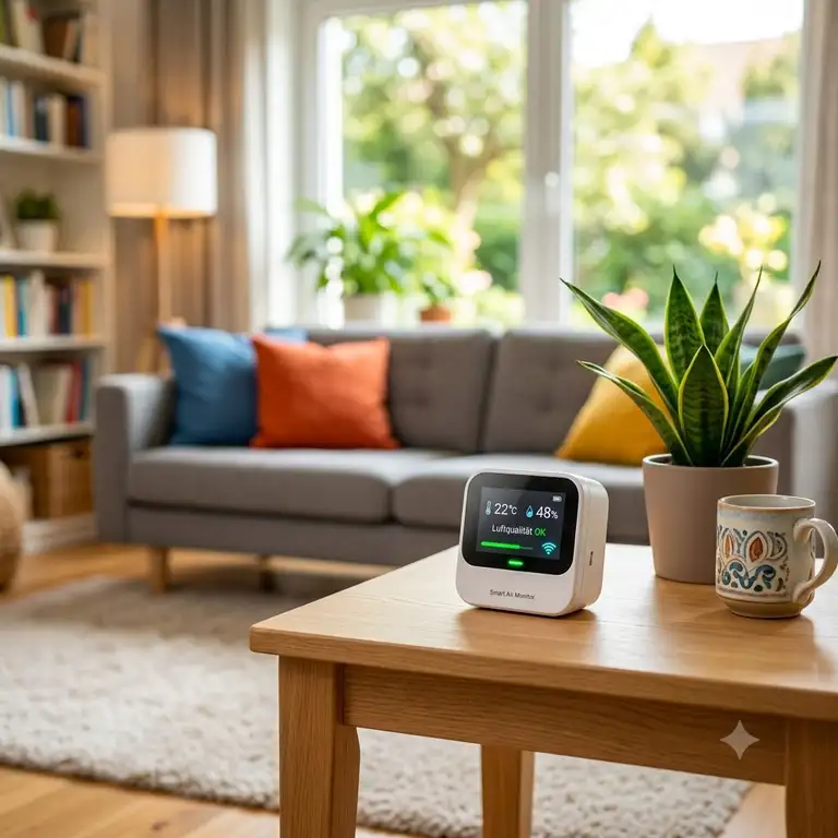 Modernes Wohnzimmer mit einem raumluft sensor wlan zur Überwachung der Luftqualität.