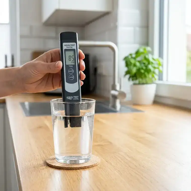 Ein trinkwasser testgerät digital zeigt präzise Messergebnisse auf einem Display neben einem Glas klarem Leitungswasser.