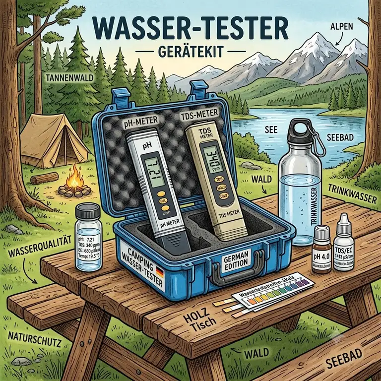 Ein umfassendes Wasser-Tester für Camping Test-Kit mit digitalem Messgerät und Reagenzien auf einem Holztisch vor einem Zelt.