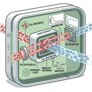 Illustration 1 zeigt die Funktionsweise des NDIR-Sensors im Inneren vom co2 warnmelder wohnung.