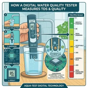 Infografik zur Funktionsweise, die erklärt, wie ein trinkwasser testgerät digital die allgemeine Wasserqualität misst.