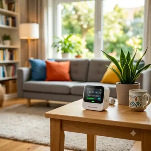 Infografik über die Funktionen von einem raumluft sensor wlan für CO2 und Feuchtigkeit.