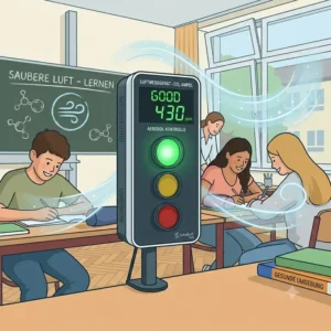 Illustration von Schülern in einem optimal belüfteten Klassenzimmer mit einem luftmessgerät für schulen.