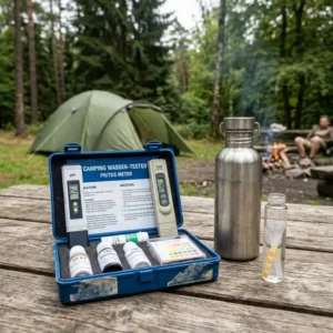 Illustration von einem digitalen Wasser-Tester für Camping zur kombinierten Messung von pH-Wert und TDS im robusten Outdoor-Einsatz.