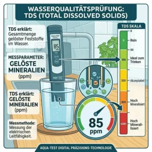 Grafische Darstellung eines TDS-Messgeräts, das als trinkwasser testgerät digital den PPM-Wert im Wasser ermittelt.