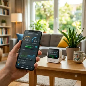 Smartphone App zeigt Echtzeit-Daten über einen verbundenen raumluft sensor wlan an.