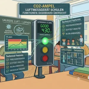 Infografik zu den Funktionen von einem luftmessgerät für schulen mit Anzeige für CO2-Wert und Luftfeuchtigkeit.