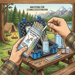 Eine detaillierte Infografik zur Anwendung von Wasser-Tester für Camping Teststreifen zur Bestimmung verschiedener Wasserparameter.