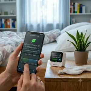 Ein kompakter raumluft sensor wlan auf dem Nachttisch im Schlafzimmer für gesundes Raumklima.
