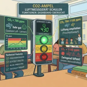 Farbige CO2 Ampel als luftmessgerät für schulen zur einfachen Anzeige der Luftqualität im Unterricht.