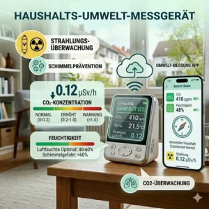 Digitale Grafik, die das umwelt messgerät haushalt vernetzt mit einer Smart-Home-App auf dem Smartphone zeigt.