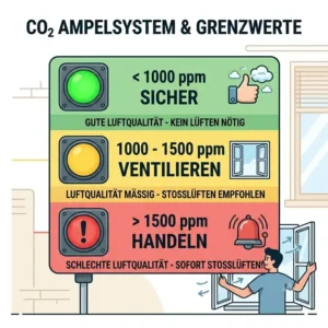 Illustration 3 erklärt das Ampelsystem und die ppm-Grenzwerte auf dem co2 warnmelder wohnung.