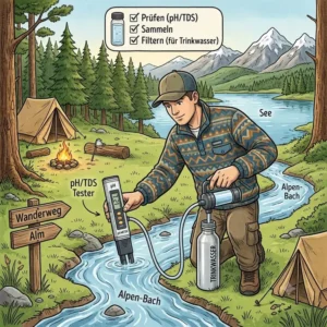 Illustration einer Person, die mit einem mobilen Wasser-Tester für Camping die Reinheit von Flusswasser vor Ort überprüft.
