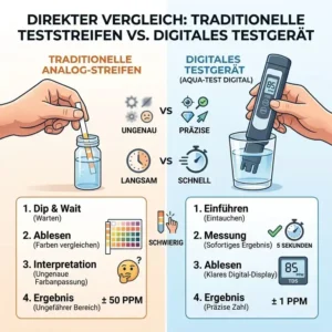 Vergleich zwischen ungenauen analogen Teststreifen und der Genauigkeit, die ein trinkwasser testgerät digital bietet.