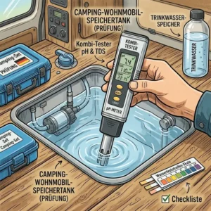 Grafische Darstellung zur Überprüfung des Wohnmobil-Frischwassertanks mit einem präzisen Wasser-Tester für Camping.