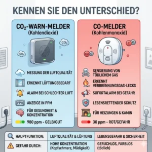 Illustration 5 zeigt den Unterschied zwischen einem CO-Melder und einem co2 warnmelder wohnung.