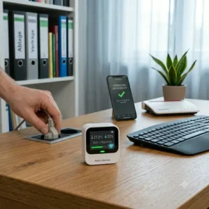 Ein smarter raumluft sensor wlan im Büro zur kontinuierlichen Messung der CO2-Konzentration.