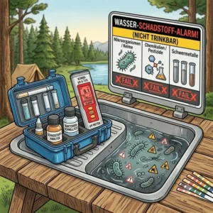 Eine Illustration, die zeigt, wie ein Wasser-Tester für Camping gefährliche Schadstoffe und Bakterien im Trinkwasser detektiert.