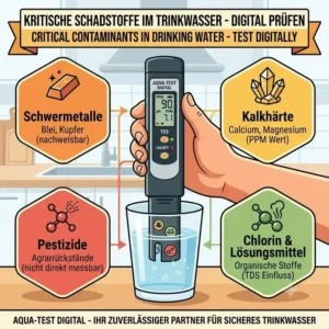 Visuelle Checkliste über Schadstoffe und Kalk im Leitungswasser, die ein trinkwasser testgerät digital erkennen hilft.