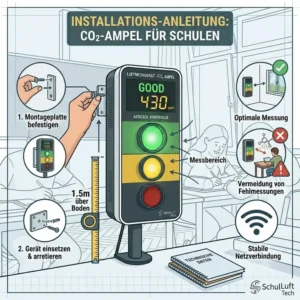 Skizze zur optimalen Platzierung und Montage von einem luftmessgerät für schulen im Klassenraum.
