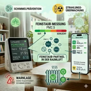 Illustration zur Messung von Feinstaub in der Wohnung durch ein kompaktes umwelt messgerät haushalt.