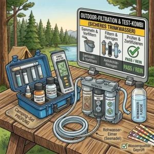 Illustration von einem tragbaren Outdoor-Wasserfilter kombiniert mit einem präzisen Wasser-Tester für Camping für maximale Sicherheit.
