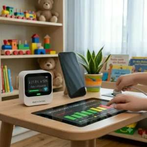 Grafische Darstellung zur Schimmelvermeidung durch automatische Warnungen von einem raumluft sensor wlan.