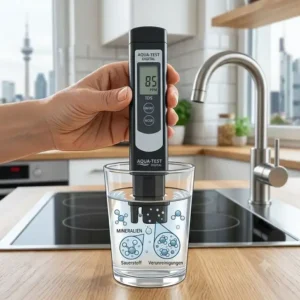 Illustration über die portable Nutzung beim Camping, um mit einem trinkwasser testgerät digital auch unterwegs die Qualität zu testen.