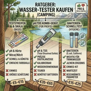 Eine übersichtliche Checkliste zum Vergleich verschiedener Wasser-Tester für Camping und Outdoor-Aktivitäten als Kaufanleitung.