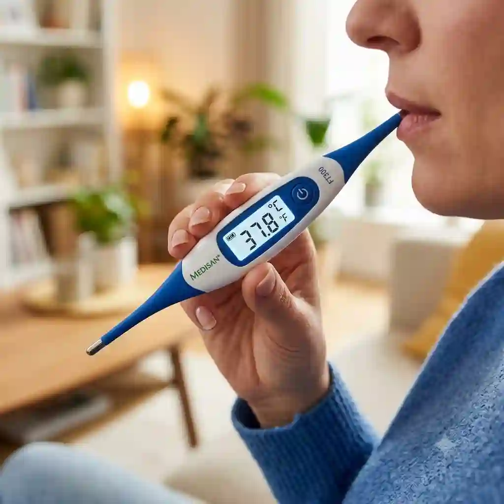 Featured Image of an adult woman holding a digital thermometer for adults with a backlit display showing a reading.digitales fieberthermometer erwachsene