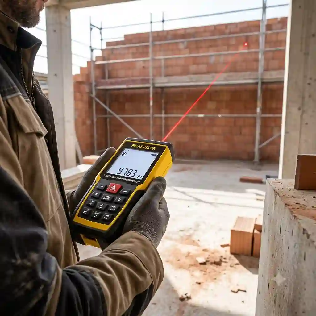 A featured image of a craftsman using a präziser laser entfernungsmesser on a construction site for exact measurements.