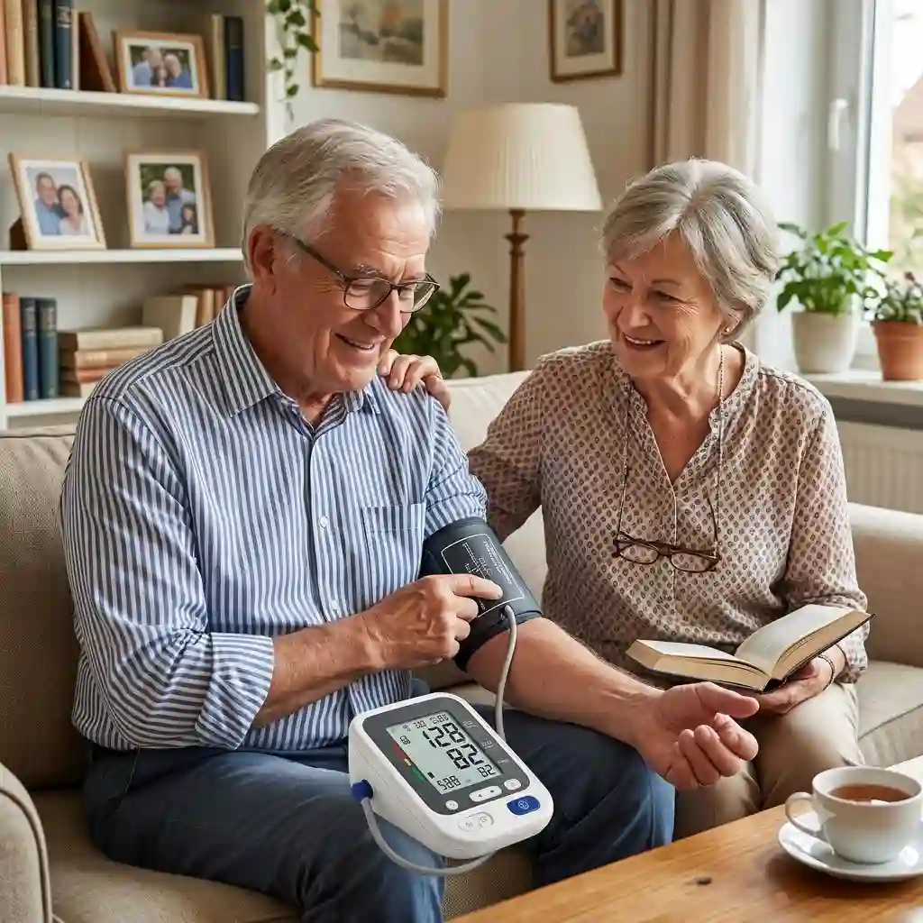 An elderly person at home happily using a reliable blutdruckmessgerät senioren with a large clear display.