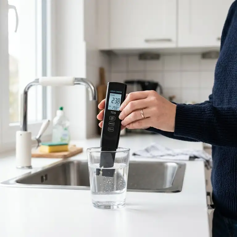 Ein modernes wasserreinheit messgerät misst die Qualität von Leitungswasser in einem Glas.